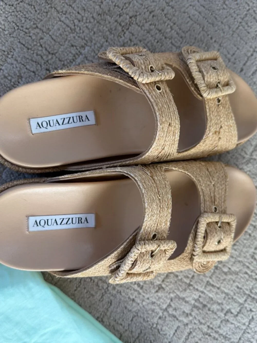 Aquazzura Raffia Platform Sandals Double Buckle Slide Natural Tan Size 38 Excell